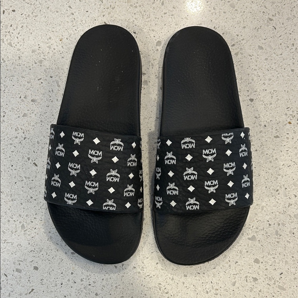 MCM Black Slide Sandals with White Monogram